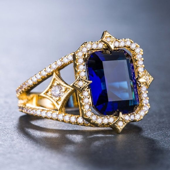 🍂 18K Gold Plated Luxury Stylish Blue CZ Wedding Ring, FB16FA1088 - Picture 4 of 4